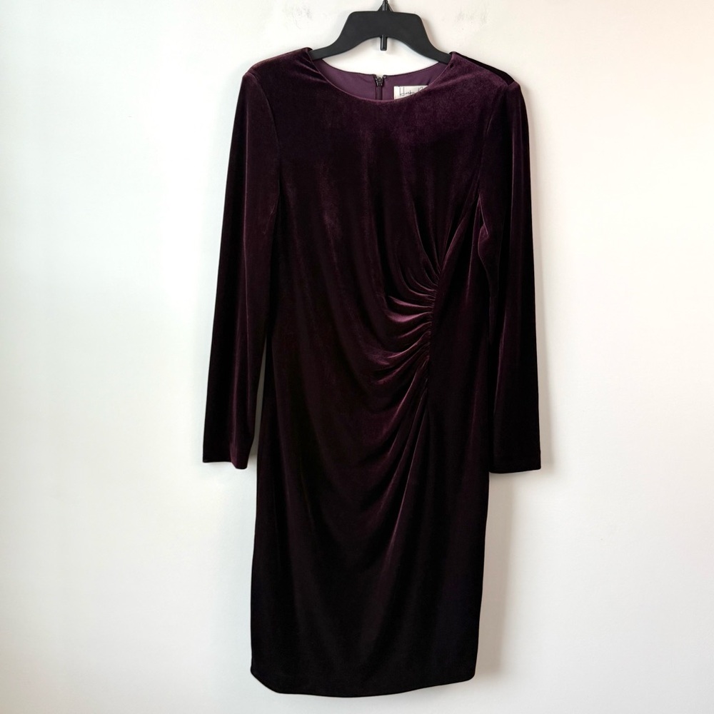 Harper Rose Ruched Velvet Long Sleeve Dress Burgundy 12 - Picture 2 of 8